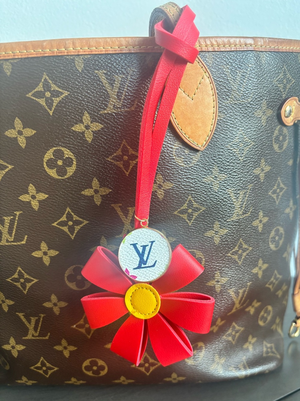 LV Monogram, Faux Leather Red Flower Bag Charm, LV monogram disc,7 in.
Bag Charm